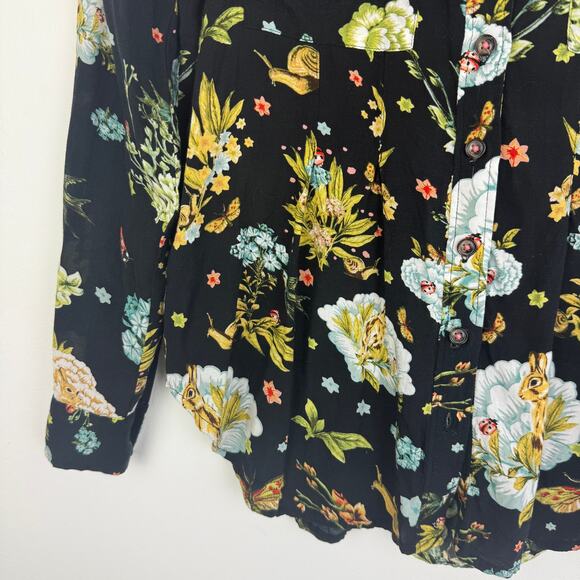 MAEVE By Anthropologie Womens Floral Print Button-Down Black/Yellow Blouse 4 - Picture 4 of 10